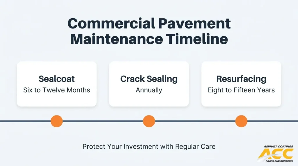 Commercial pavement maintenance timeline showing sealcoating at six to twelve months, annual crack sealing, and resurfacing after eight to fifteen years.