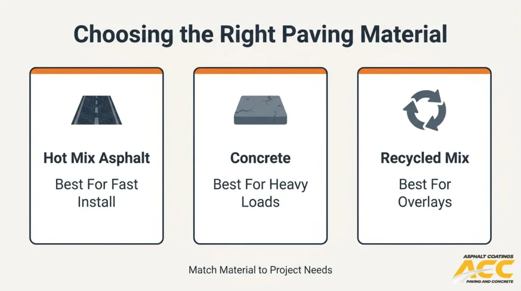 Comparison of hot mix asphalt, concrete, and recycled mix for selecting the right commercial paving material.