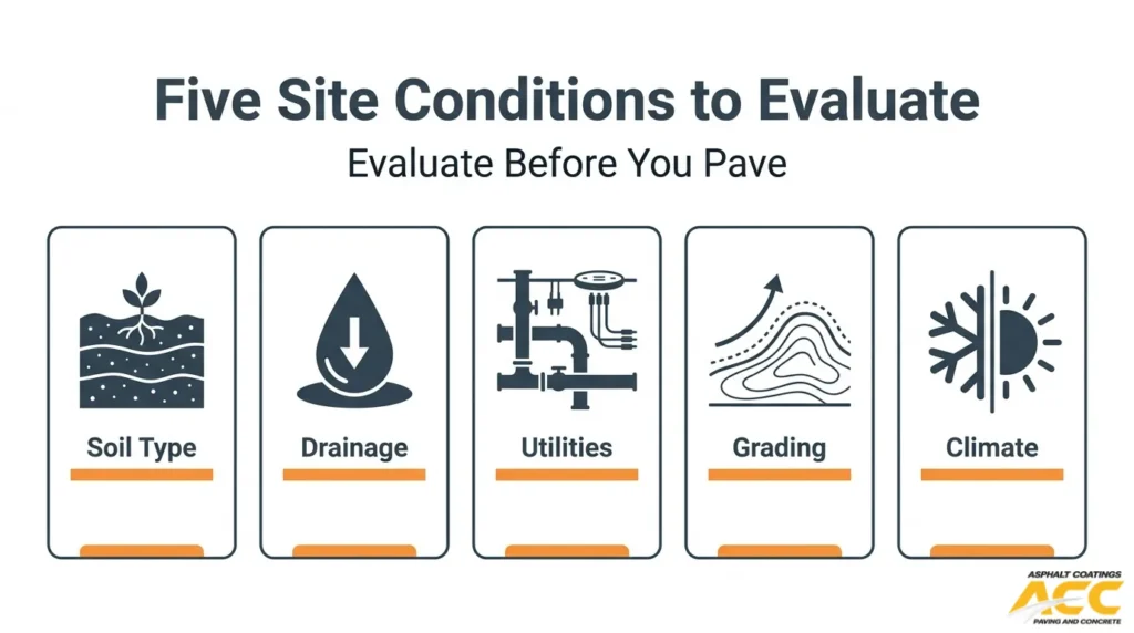 Five site conditions to evaluate before paving: soil type, drainage, underground utilities, grading, and climate.