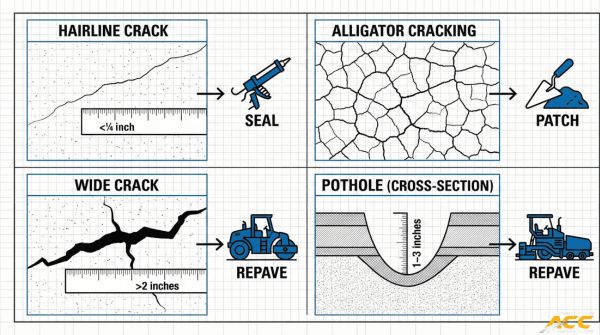 Diagram showing types and sizes of asphalt cracks and potholes with repair guidance based on severity.