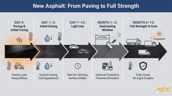Infographic showing the timeline and stages of new asphalt curing from day one to 12 months
