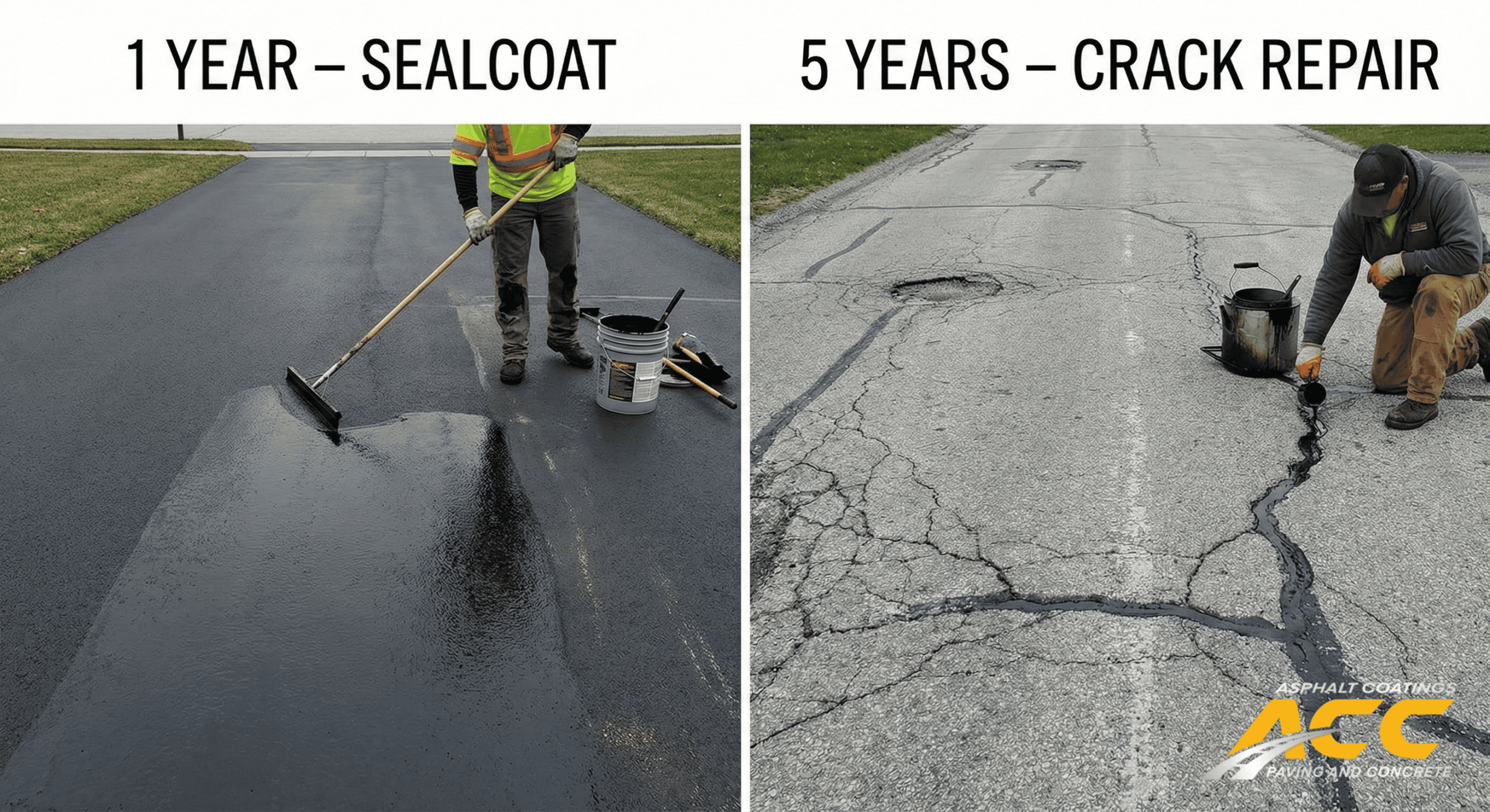 Comparison of fresh asphalt being sealcoated vs. worn asphalt with visible cracks.