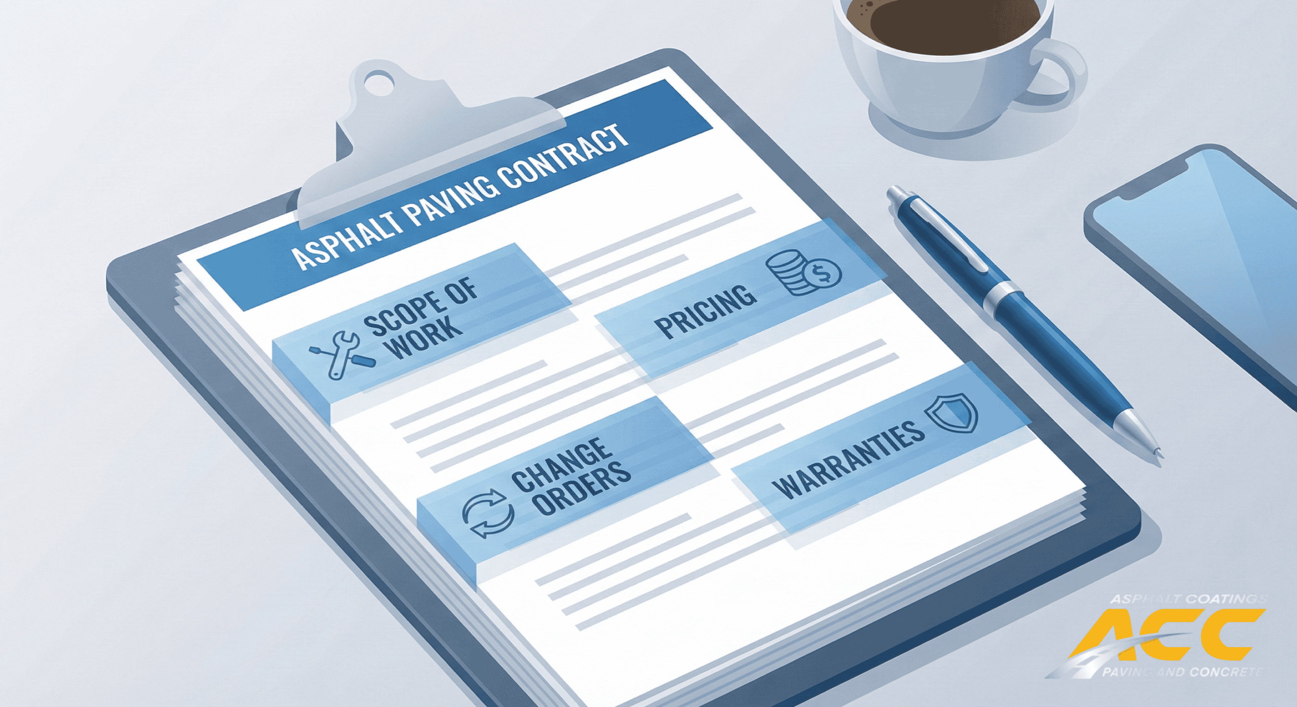 Illustration of an asphalt contract with sections on scope, pricing, change orders, and warranty.