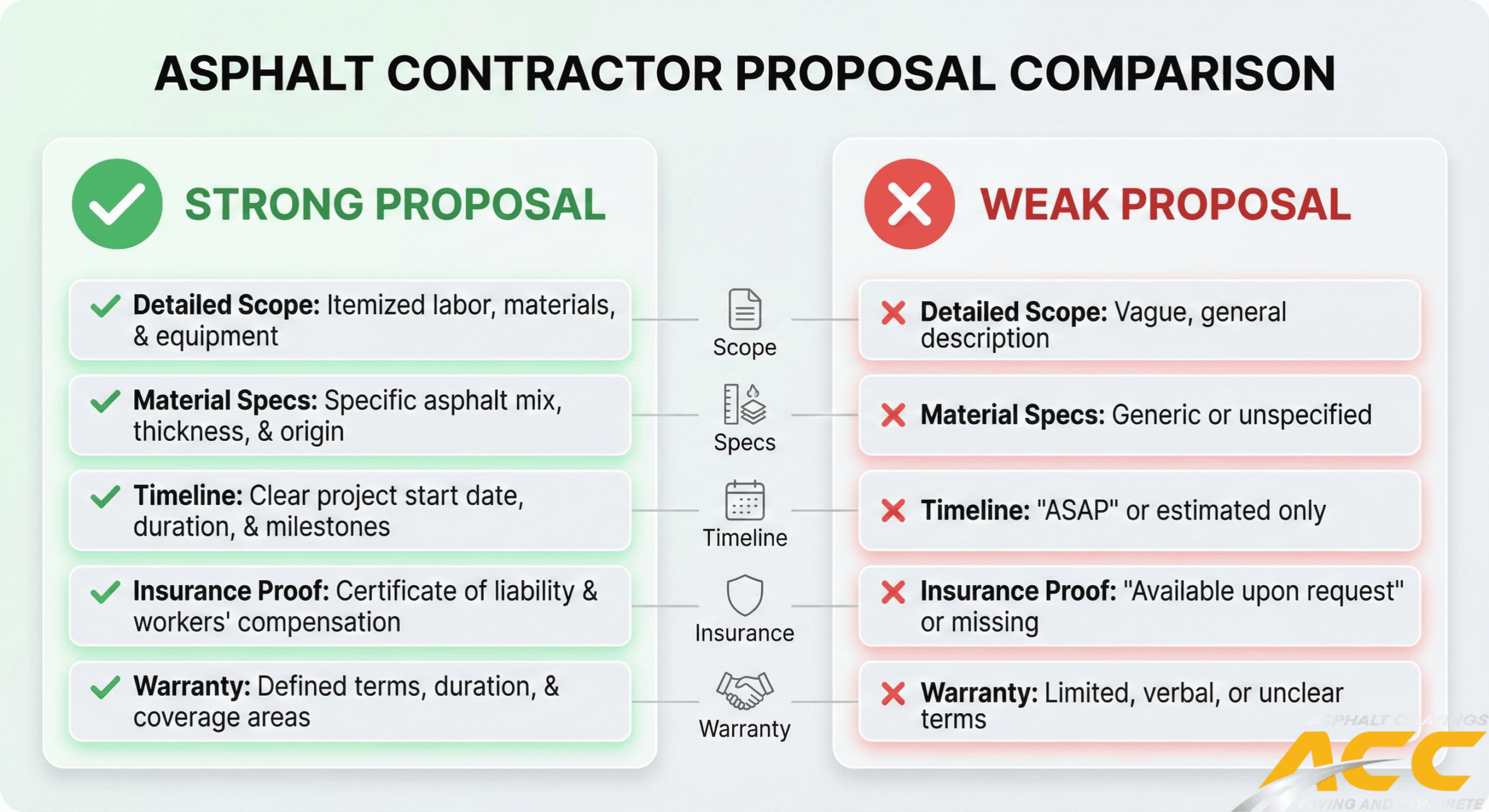 asphalt-proposal-checklist-comparison Visual checklist comparing strong and weak asphalt contractor proposals.