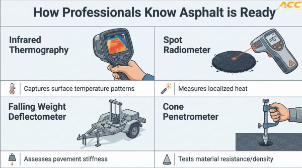 Graphic showing four tools used to test asphalt readiness, including thermal camera and deflectometer