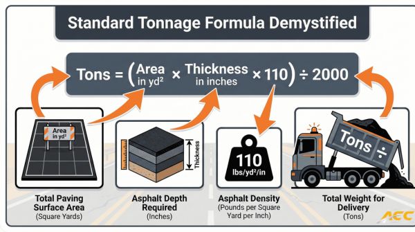 Infographic showing asphalt tonnage formula with labeled visual examples of area, thickness, and material density.