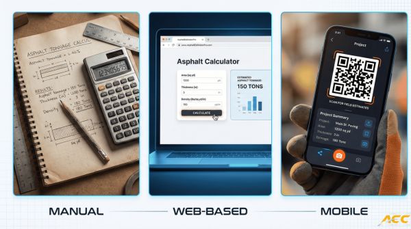 Three-panel visual comparing manual, web-based, and mobile tools for asphalt tonnage calculation.