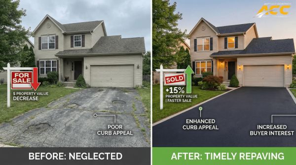 Before-and-after image of a home's driveway showing cracked pavement vs. freshly repaved surface, illustrating improved property value.