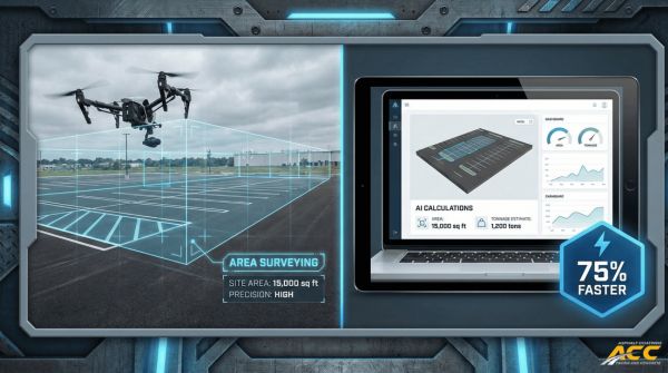 Drone measuring asphalt area alongside AI software interface calculating tonnage on screen.