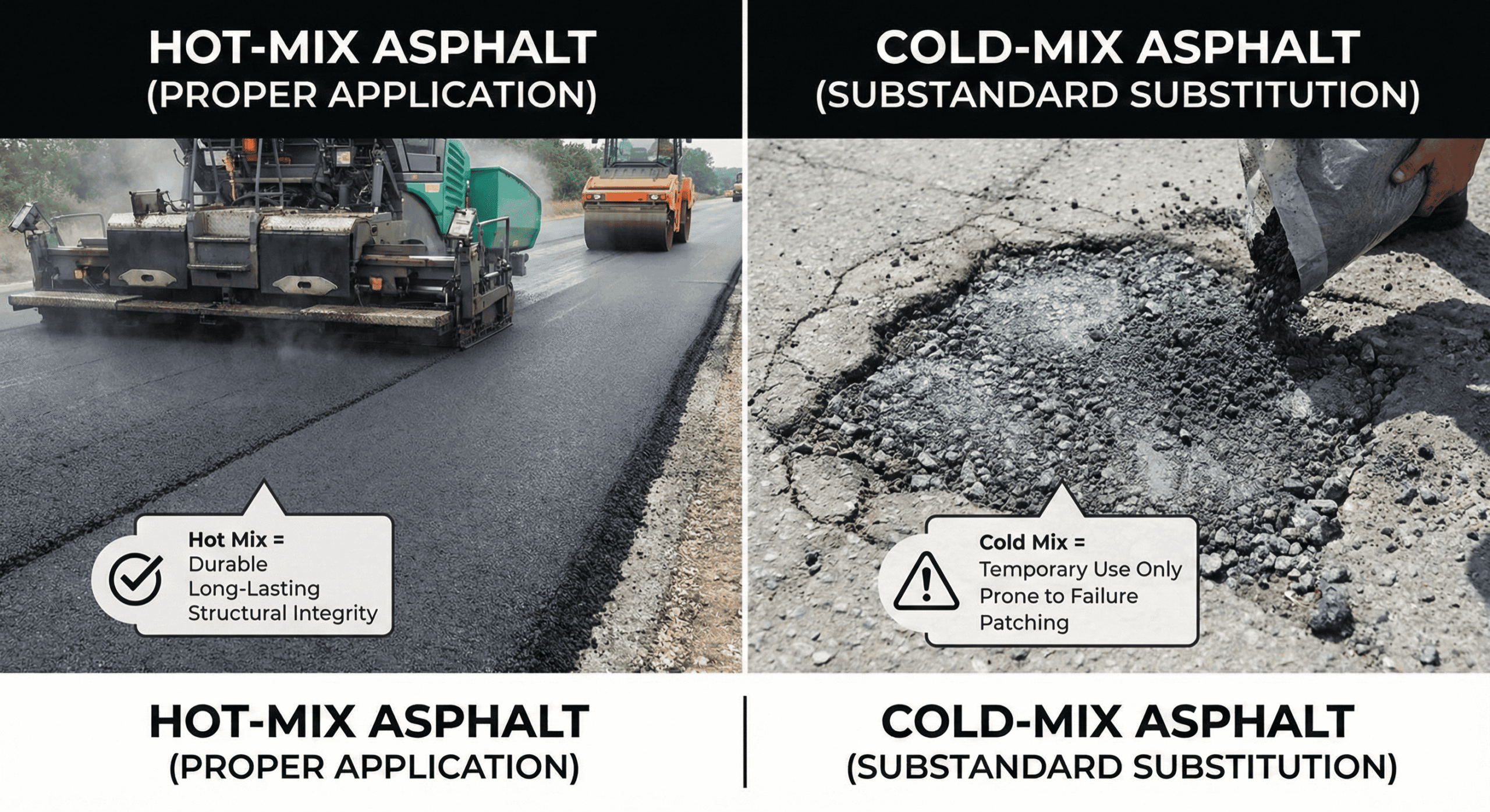 Visual comparison of hot-mix asphalt versus cold-mix showing durability differences.