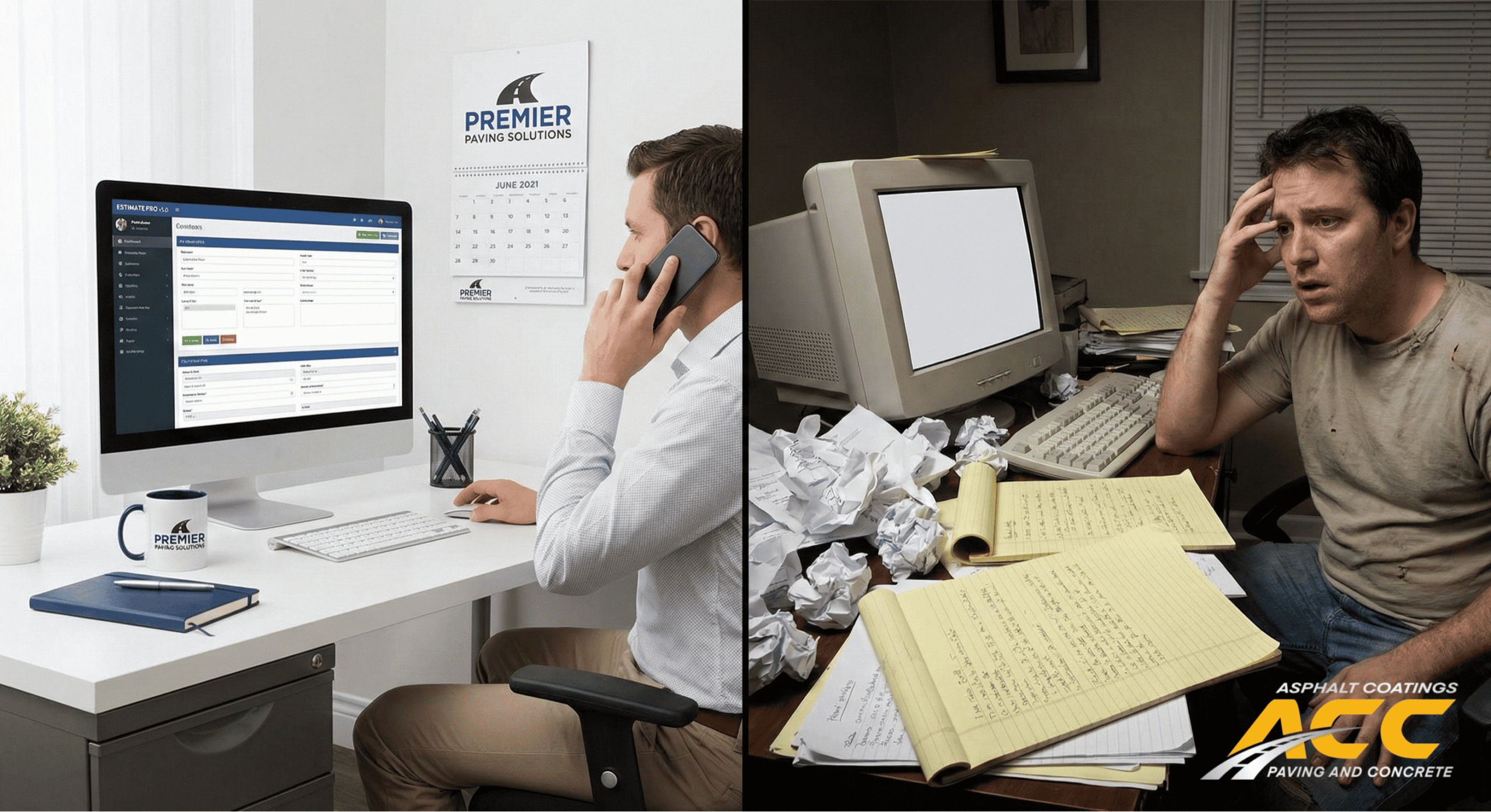 Comparison of a professional contractor’s office versus a disorganized, unbranded workspace.