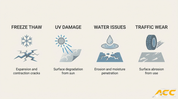 Common causes of asphalt deterioration showing freeze-thaw cracking, UV damage, water intrusion, and traffic wear on pavement surfaces