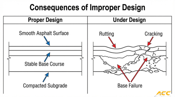 Improper asphalt pavement design comparison showing how underdesigned pavement leads to rutting, cracking, and base failure