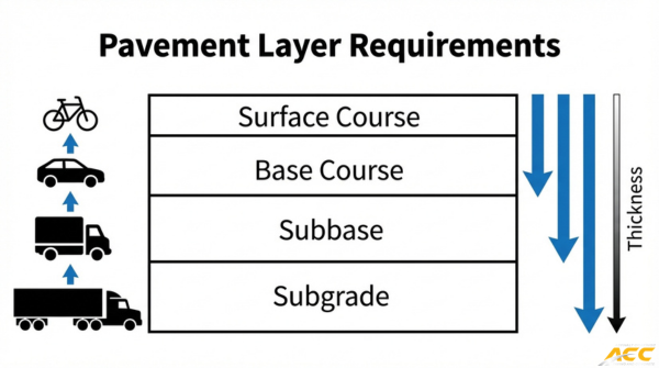 Pavement layer requirements diagram showing surface course, base course, subbase, and subgrade thickness based on traffic load