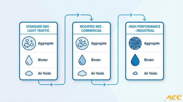 Asphalt mix design types chart showing standard mix for light traffic, modified mix for commercial use, and high-performance industrial asphalt applications