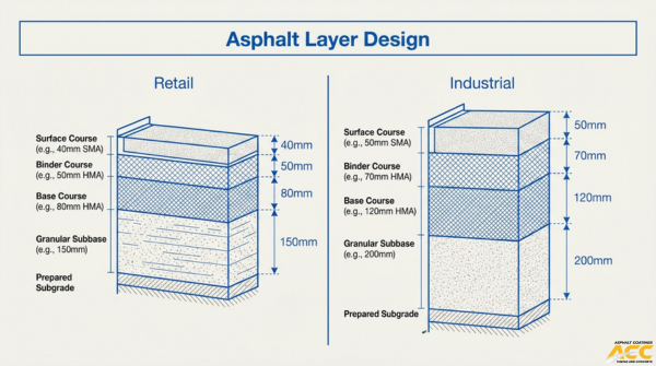 Asphalt layer design comparison showing retail and industrial pavement thickness, surface course, binder course, base course, and subbase structure