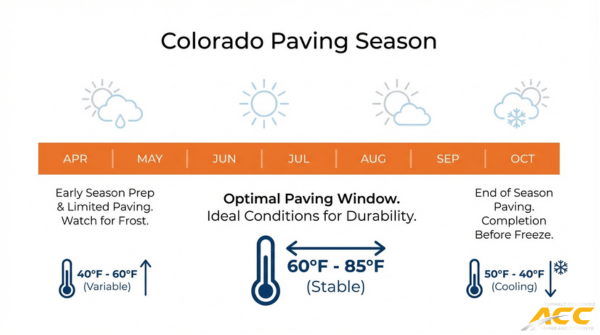 Colorado paving season timeline showing best months for asphalt paving, ideal temperature range, and weather conditions for durable pavement installation