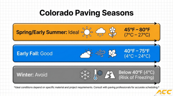Colorado paving seasons chart showing the best months and temperature ranges for asphalt paving, including spring, early fall, and winter limits