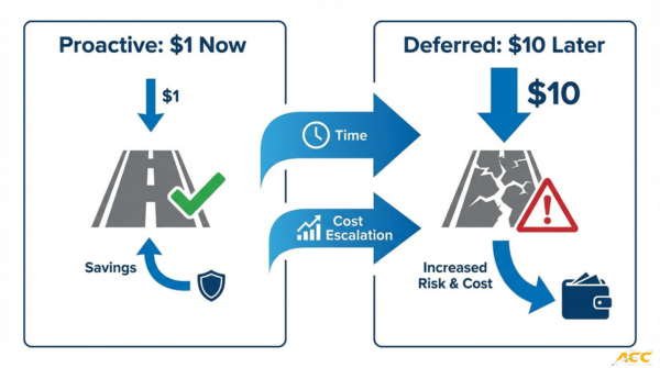 Deferred pavement maintenance cost infographic showing why proactive asphalt repairs cost less now than major pavement replacement later