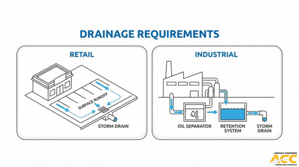 Retail vs industrial drainage requirements diagram showing storm drain runoff design, oil separator systems, and water retention infrastructure
