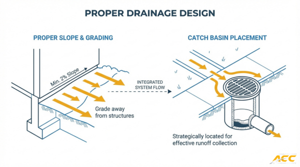 Proper drainage design illustration showing pavement slope grading and catch basin placement for effective stormwater runoff control