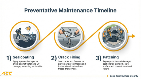 Preventative pavement maintenance timeline showing sealcoating, crack filling, and patching steps for long-term asphalt surface protection