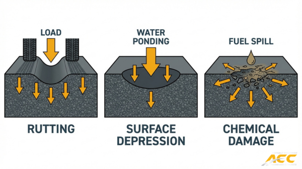 Common pavement damage patterns at EV charging stations showing rutting, surface depression from water ponding, and chemical damage from fuel spills