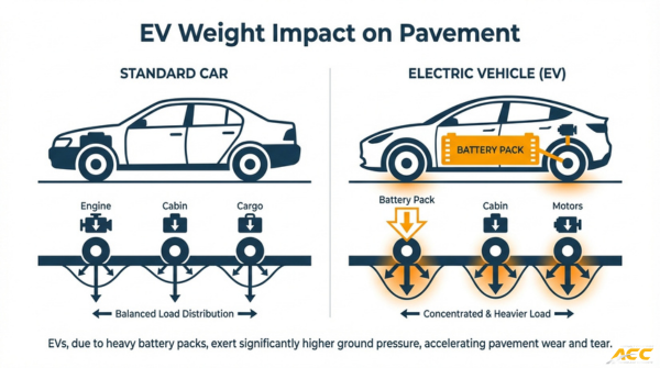EV weight impact on pavement comparison showing how electric vehicle battery packs create heavier ground pressure than standard cars
