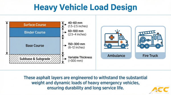 Heavy vehicle load pavement design chart showing asphalt layer thickness for ambulance and fire truck traffic in high-load areas