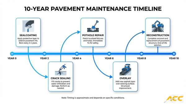 10-year pavement maintenance timeline showing when to schedule sealcoating, crack sealing, pothole repair, overlay, and reconstruction