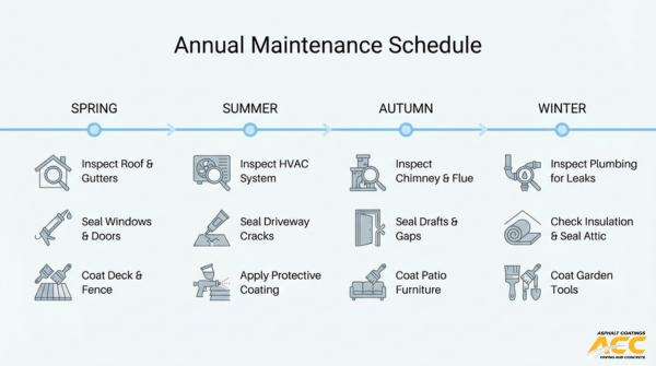 Annual pavement maintenance schedule infographic showing seasonal inspection, crack sealing, protective coating, and preventive care tasks throughout the year