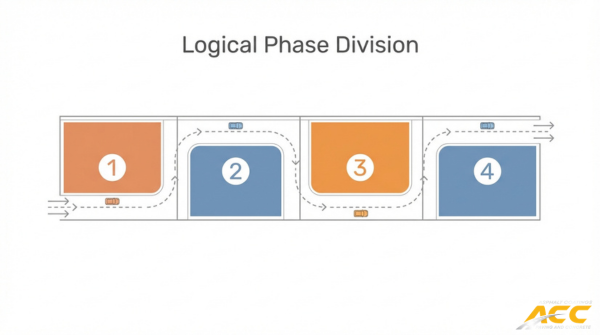 Parking lot phase division diagram showing four logical paving sections designed to maintain traffic flow and reduce business disruption during construction