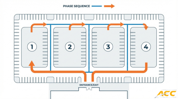 Parking lot phase sequence diagram showing four repaving sections, traffic flow pattern, and entrance-exit access for phased construction planning