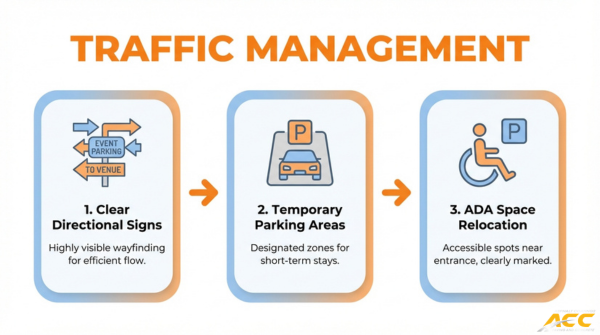 Traffic management plan for parking lot paving showing directional signs, temporary parking areas, and ADA space relocation during construction