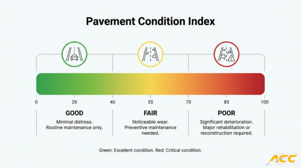 Pavement condition index chart showing good, fair, and poor pavement ratings to help plan asphalt maintenance and repair needs