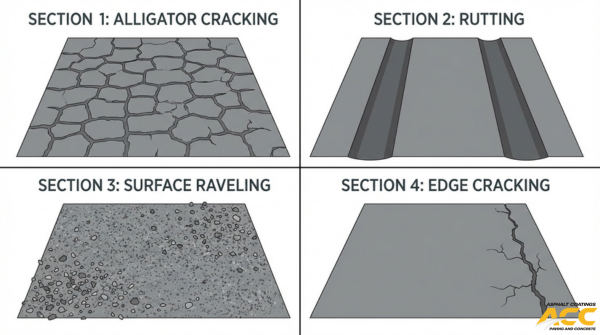 Common asphalt pavement failure types showing alligator cracking, rutting, surface raveling, and edge cracking in commercial parking lots