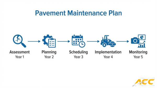 Pavement maintenance plan timeline showing assessment, planning, scheduling, implementation, and monitoring stages over five years
