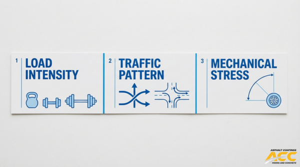 Pavement stress factors infographic showing how load intensity, traffic pattern, and mechanical stress affect asphalt performance