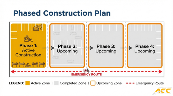 Phased construction plan diagram showing active work zones, upcoming paving phases, completed areas, and emergency vehicle access route