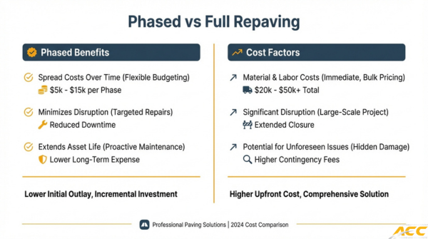 Phased vs full repaving cost comparison showing phased paving benefits, lower upfront investment, and full repaving cost factors for commercial parking lots
