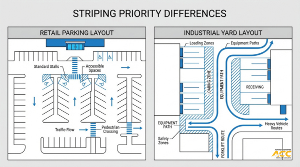 Parking lot striping layout comparison showing retail parking flow, accessible spaces, pedestrian crossings, and industrial yard routing for trucks and equipment