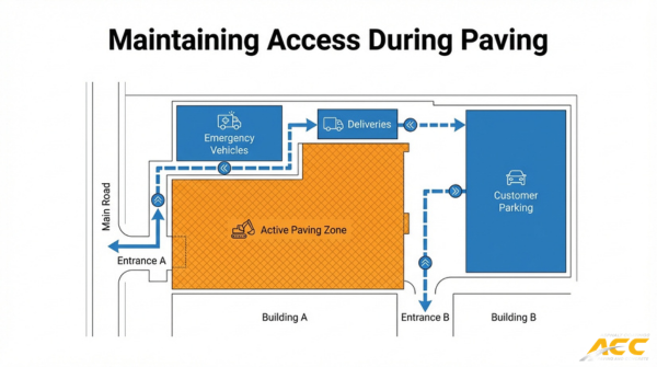 Site access plan during paving project showing emergency vehicle route, delivery path, customer parking access, and active paving zone layout