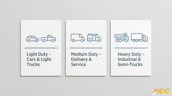 Traffic classification chart showing light-duty vehicles, medium-duty delivery trucks, and heavy-duty industrial or semi-truck pavement use categories