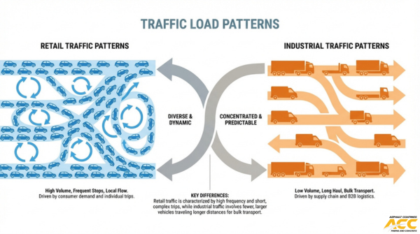 Traffic load pattern comparison showing retail traffic circulation with frequent car movement versus industrial traffic routes for trucks and freight vehicles