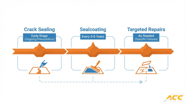 Asphalt maintenance timeline showing crack sealing, sealcoating, and targeted pavement repairs for long-term parking lot durability