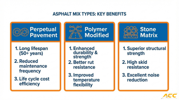 Asphalt mix types comparison showing perpetual pavement, polymer modified asphalt, and stone matrix asphalt benefits for heavy traffic surfaces