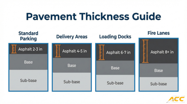 Pavement thickness guide showing recommended asphalt depth for standard parking, delivery areas, loading docks, and fire lanes
