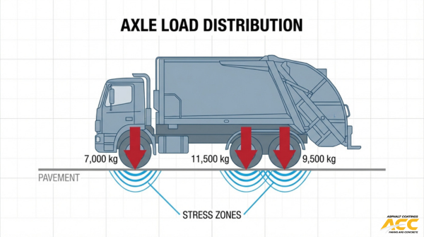 Truck axle load distribution diagram showing concentrated stress zones on pavement caused by heavy vehicle wheel loads