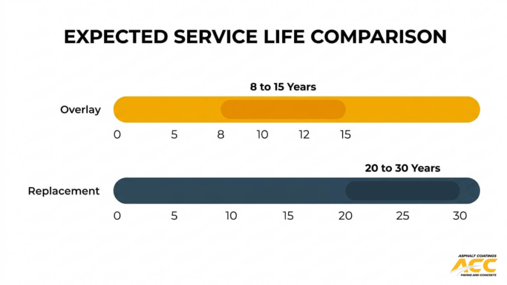 Comparison chart showing asphalt overlay lifespan of 8 to 15 years versus full replacement lasting 20 to 30 years