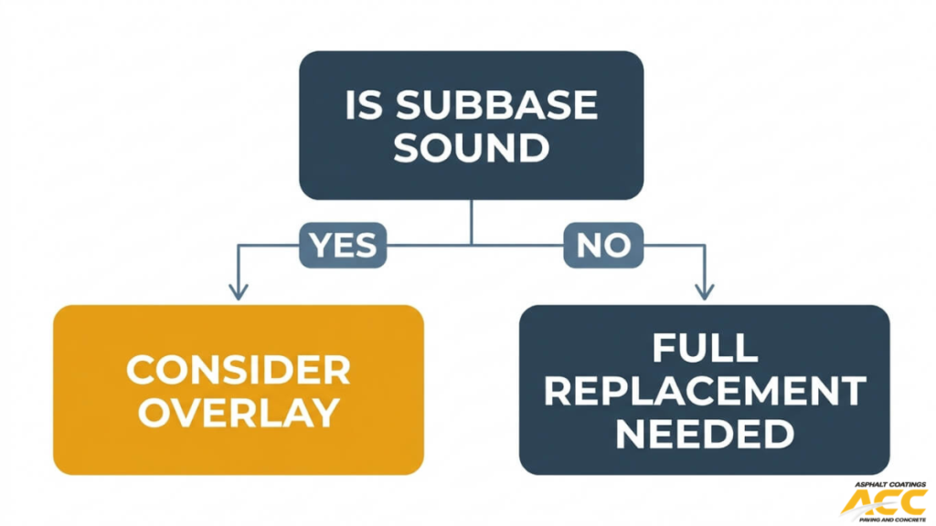 Asphalt repair decision flowchart showing when to choose overlay versus full pavement replacement based on subbase condition
